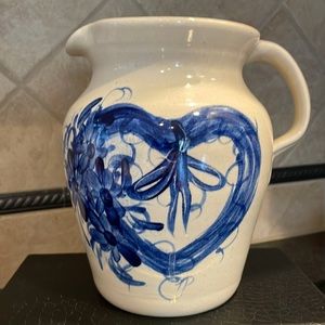 Casey Pottery signed pottery pitcher with vintage heart flowered wreath detail